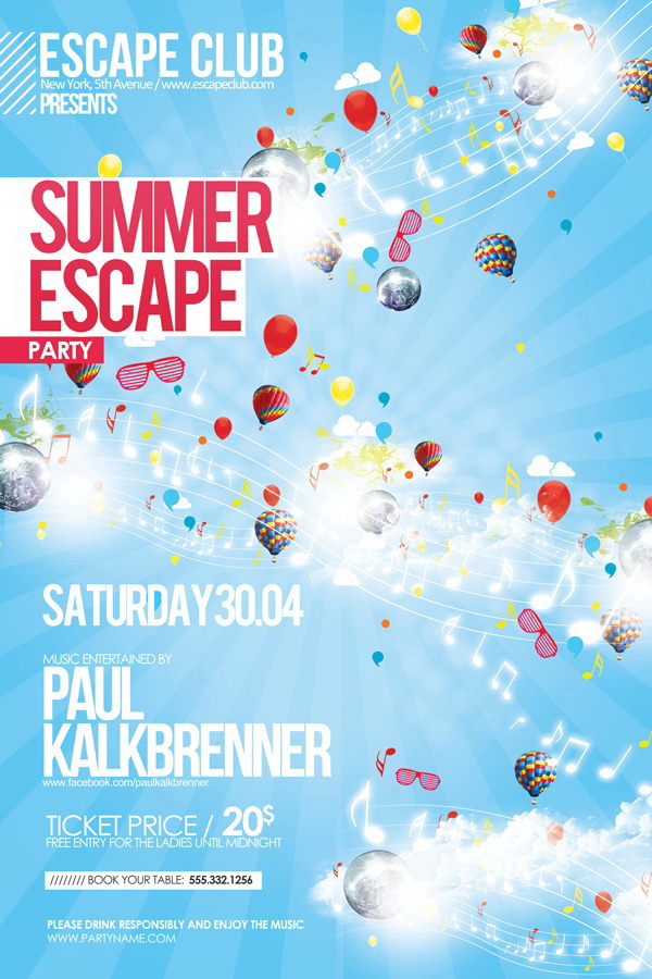 Дизайн плаката с воздушными шарами Summer Escape Free PSD