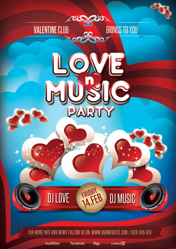 Красивые сердечки на плакате Love Music Party Free PSD