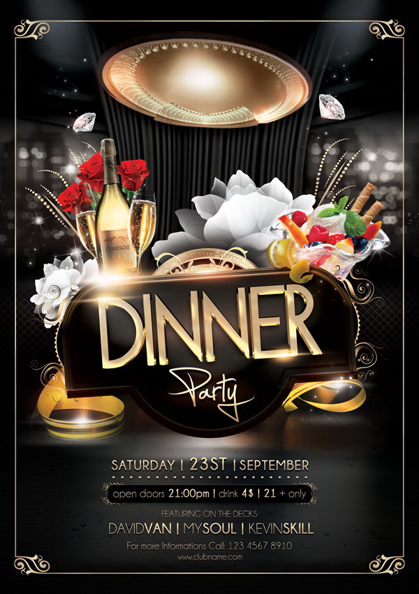 Афиша Dinner Party с шампанским Free PSD